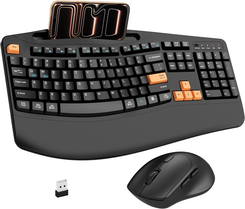 Faadar Wireless Keyboard and Mouse Combo, 2.4G Full Size Wave Keys Ergonomic Keyboard with Wrist Rest, Phone Holder, 3-Level DPI Wireless Silent Mouse with 6-Buttons, for Windows, Mac OS (Orange Black) - Image 1